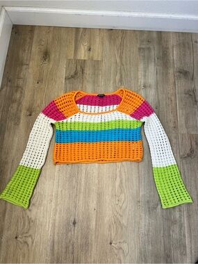 Wild Fable Neon Stripe Crochet Crop Sweater — Pink, Orange, Blue, Green, Cream